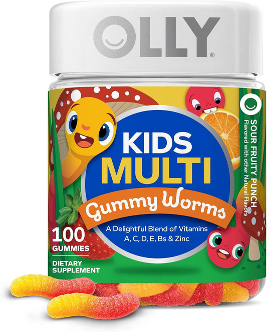 OLLY Kids Multivitamin Gummy Worms, Overall Health and Immune Support, Vitamins and Minerals A, C, D, E, Bs and Zinc, Kids Chewable Supplement, Sour Fruit Punch, 45 Day Supply - 100 Count