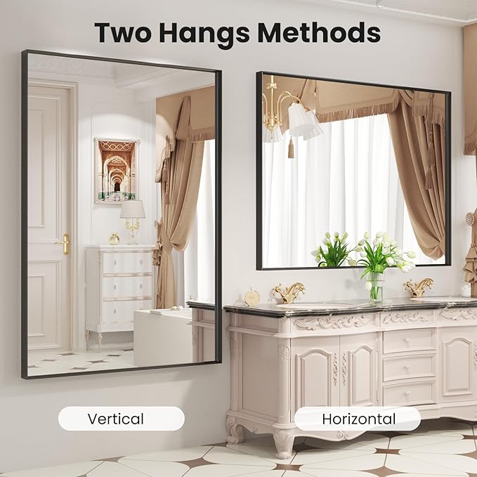LOAAO Black Bathroom Mirror 48"X30" for Wall, Rectangle Bathroom Vanity Mirror, Tempered Glass, Hangs Vertically or Horizontally, Easy to Install, Modern Design