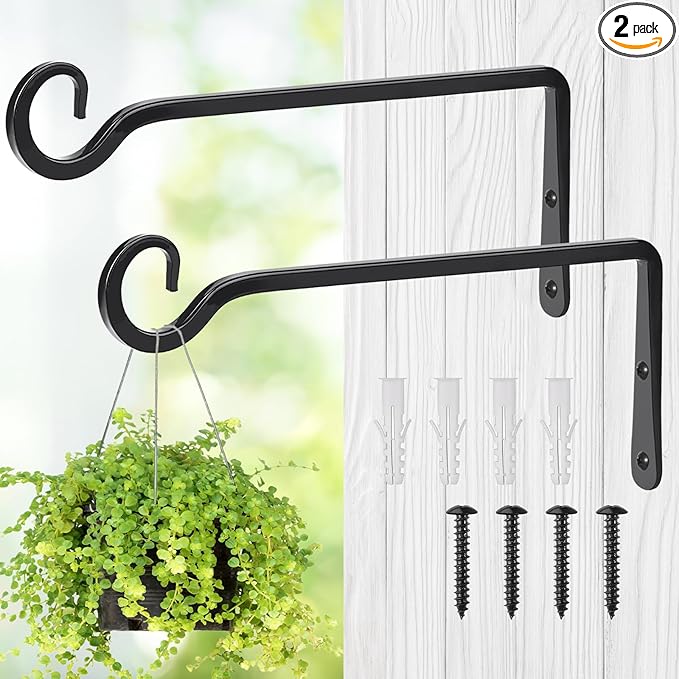 MOWPOG Metal Hanging Plant Hooks, 2 Pack 10 Inch Wall Hooks for Hanging Plants, Bird Feeder, Flower Basket, Wind Chimes, Indoor Outdoor (Black)