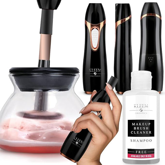 Kleem Electric Makeup Brush Cleaner Machine | Automatic Makeup Brush Washer & Spinning Dryer with Free Cleaner Shampoo | Dual-Fiber Bristles for Eyeshadow & Foundation | Made in USA | Black