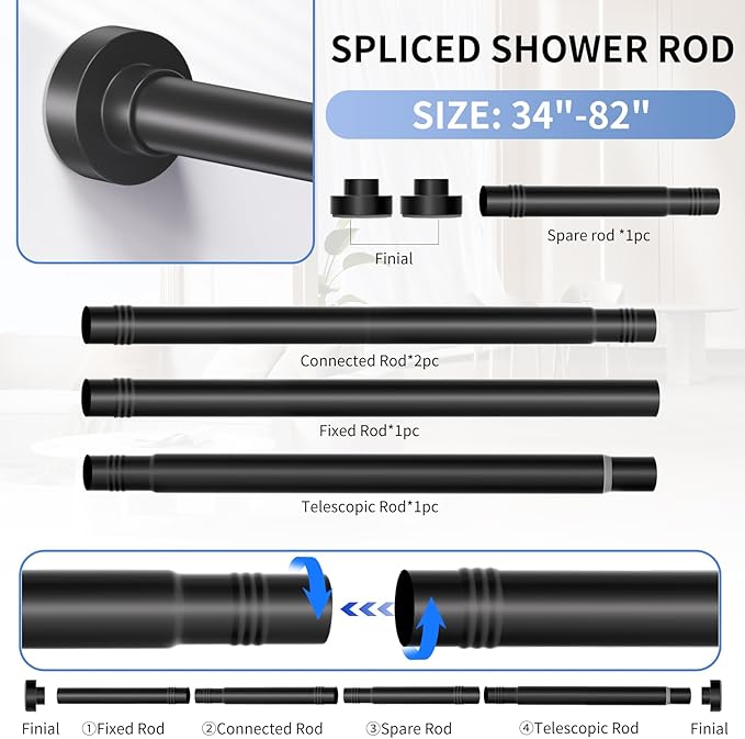 Black Shower Curtain Rod 34-82 Inches(2.8-6.8ft) Never Rust Adjustable Shower Rod Spring Tension Non Slip No Drilling Shower Rods for Bathroom Garland Window