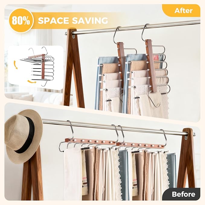 Pants Hangers Space Saving, 2 Packs Wooden Closet Organizer, Anti-Slip Design Leggings Hanger, Multi-Layer Clothing Pant Rack for Jeans, Trousers, Skirts, Scarves & Slacks