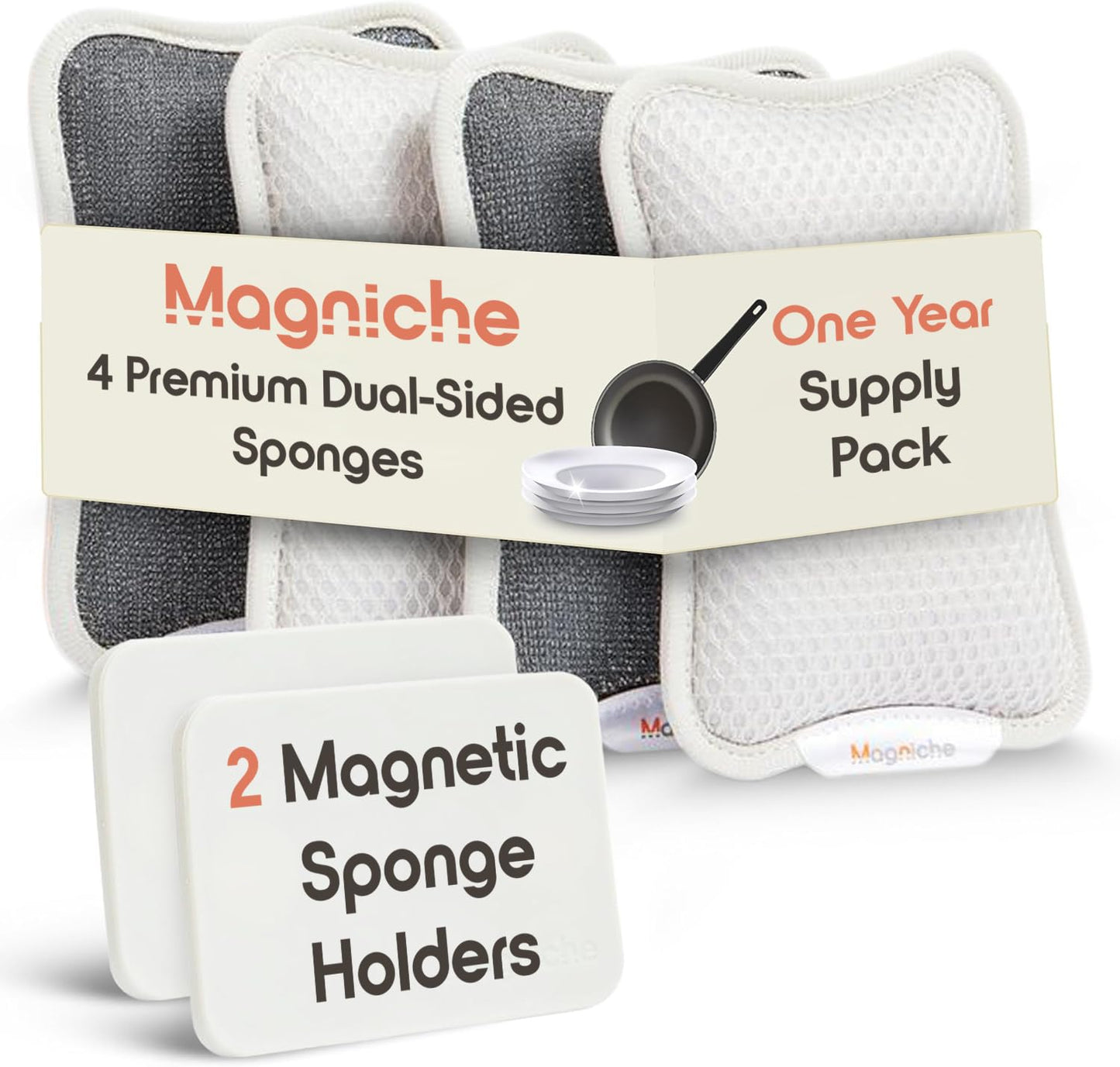 Magniche 3-in-1 Dishwashing Cleaning Kit - Magnetic Sponge Holder for Kitchen Sink w/ 4-Pack Dual-Sided Dish Sponges Kitchen Set - Reusable Sponges for Dishes & Magnetic Dish Sponge System Starter Kit
