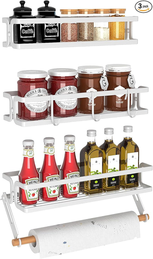 3 Pack Spice Rack Wall Mount With Paper Towel Holder and Hooks, Screw or Adhesive Hanging Spice Shelf,Space Saving Spice Organizer for Seasonings, Spice Racks for Stove,Cabinet, Pantry,White