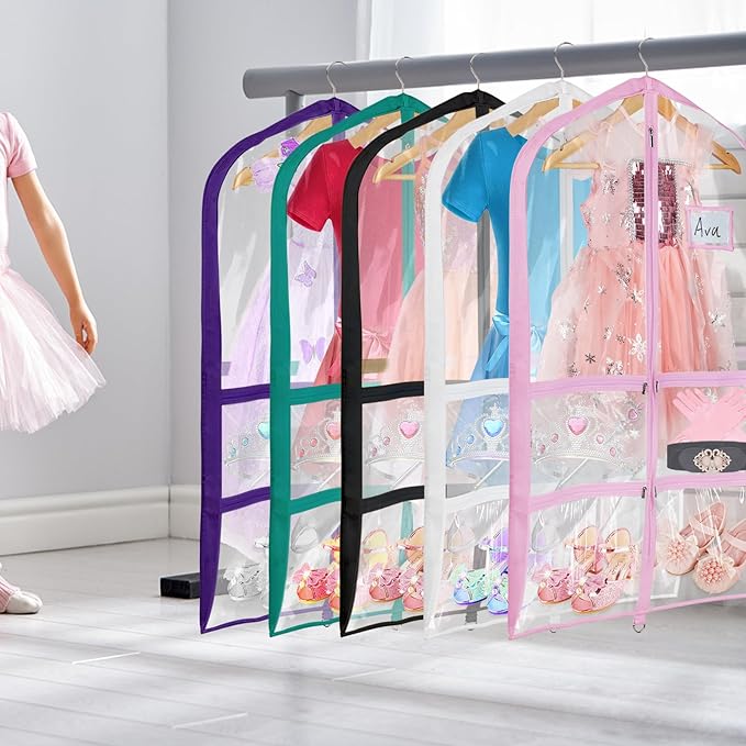 Univivi Clear Pink PVC Dance Costume Bags Garment Bag 40 Inch for Dance Competitions, with 4 Medium Clear Zipper Pockets and 1 Large Back Zippered Pocket [Upgraded Version] (40'' x 24'' 6 Pack)