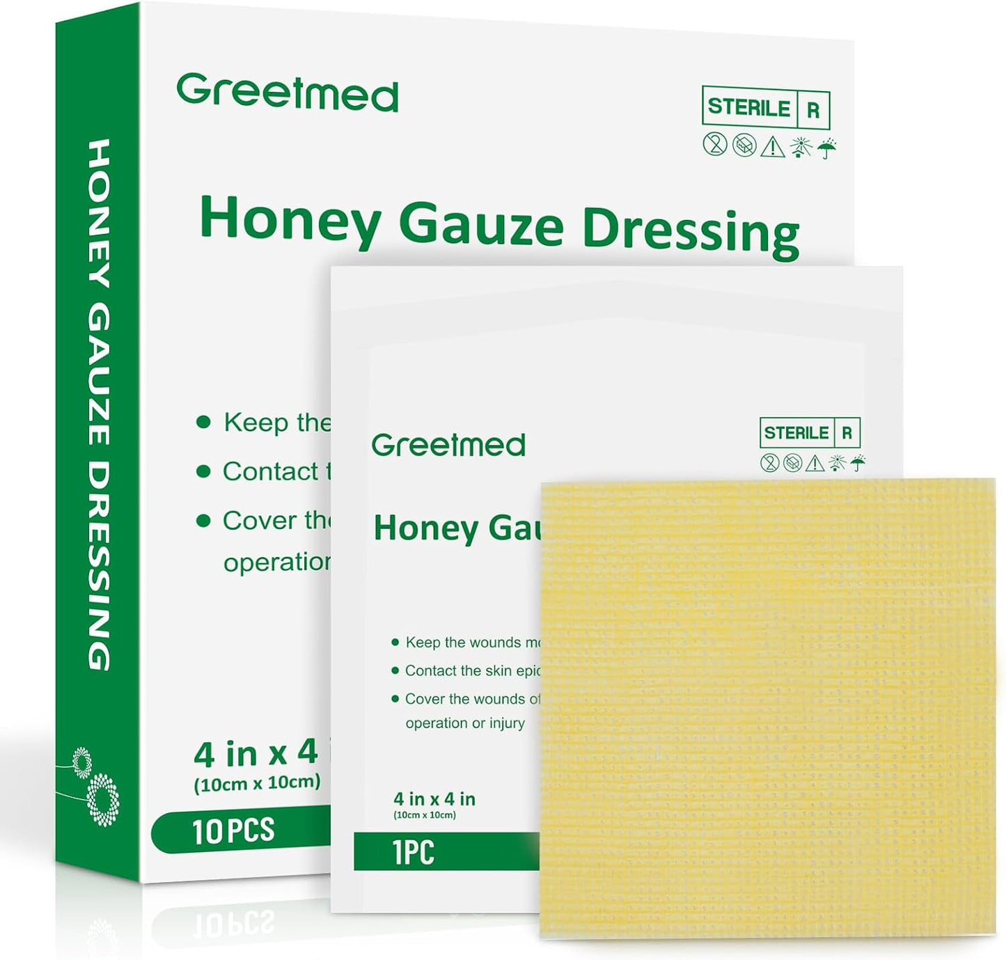 Greetmed Honey Gauze Wound Dressing 4" x 4" Medical Grade Manuka Honey Wound Care Pads Honey Bandages for 1st & 2nd-Degree Burns, Abrasions, Cuts and Scalds (Individually Pack of 10)