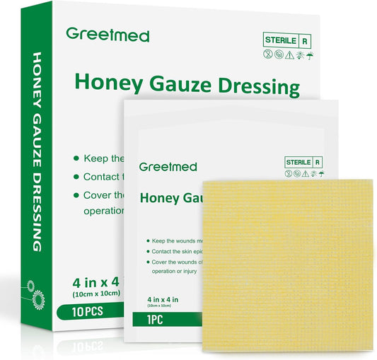 Greetmed Honey Gauze Wound Dressing 4" x 4" Medical Grade Manuka Honey Wound Care Pads Honey Bandages for 1st & 2nd-Degree Burns, Abrasions, Cuts and Scalds (Individually Pack of 10)