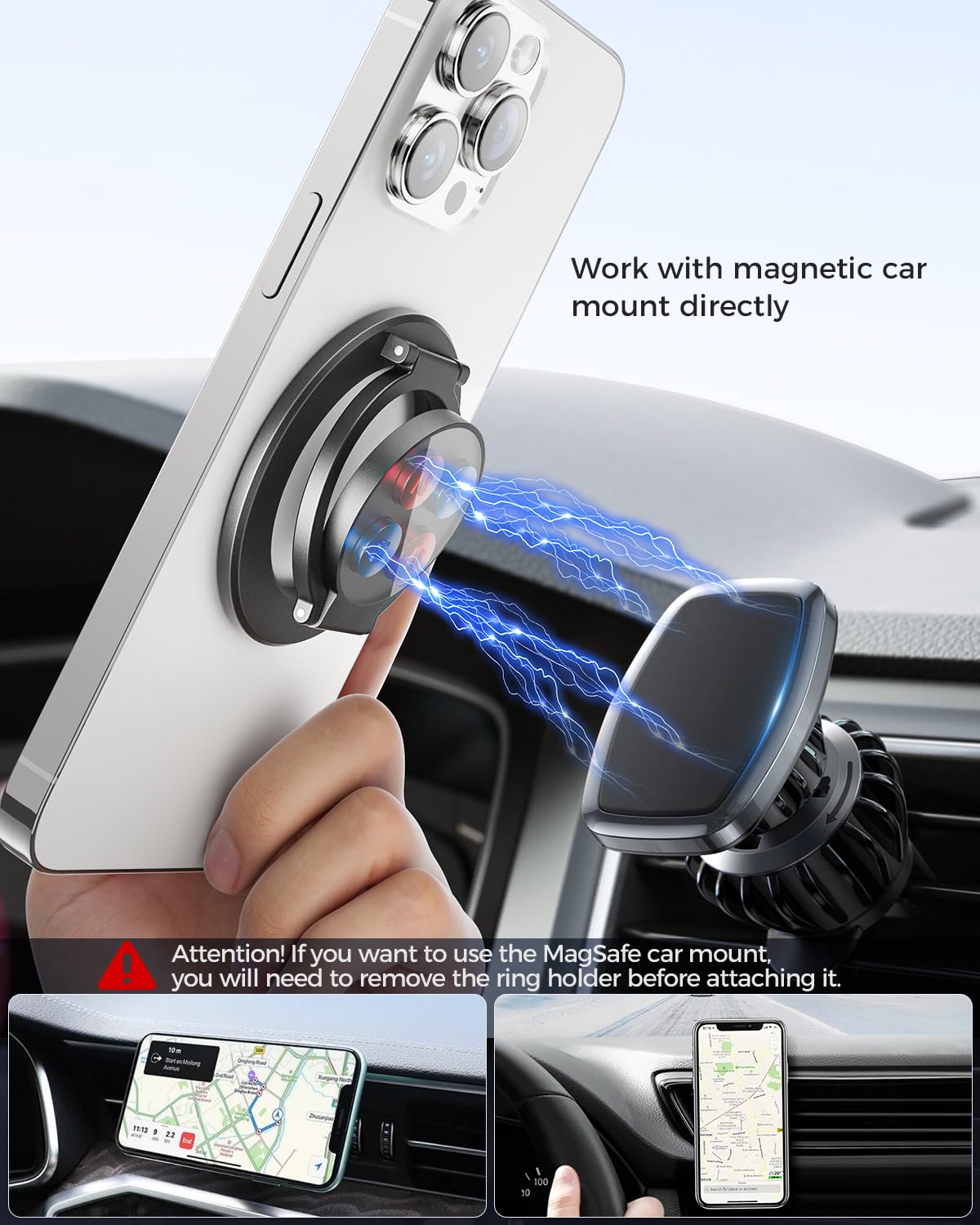 SUPERONE Magnetic Ring Holder for MagSafe Dual-Side Magnetics, Removable Gym Phone Grip with Kickstand for iPhone 16/15/14/13/12/ Series MagSafe Case All Phones Compatible with Magnetic Car Mount