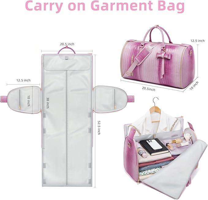 Convertible Garment Duffle Bag for Women, Foldable 2-in-1 Carry On Travel Bag with Shoe Compartment & Toiletry Pocket, PU Leather Stylish Garment Bags for Business Trip, Vacation, Pink-White
