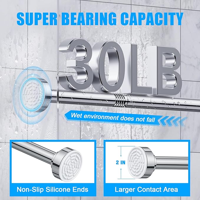 TEECK Shower Curtain Rod, 32-43 inch Adjustable Spring Tension Curtain Rod, Never Rust Anti-Slip Shower Curtain Rod for Bathroom, No Drilling, Never Collapse, Easy to Use, Silver