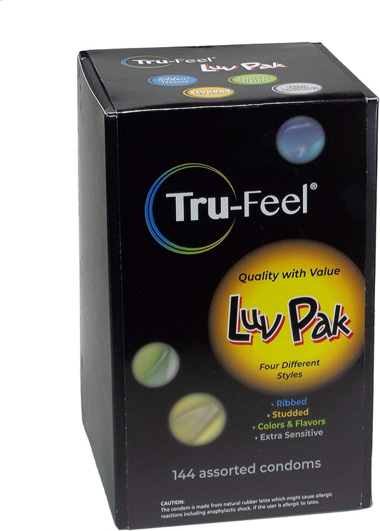 Tru-Feel Luv Pak Latex Condoms Bulk 144 Count Variety Pack Assortment of Condoms Ribbed, Studded, Extra Sensitive, and Colored & Flavored