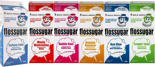 Cotton Candy Floss sugar Mix Flavors | Pack Of 6 | Birthday Cake, Wacky Watermelon, Bubble Gum, Banana, Blue Raspberry, and Lime Green Flavors | 1/2 Gallon Cartons