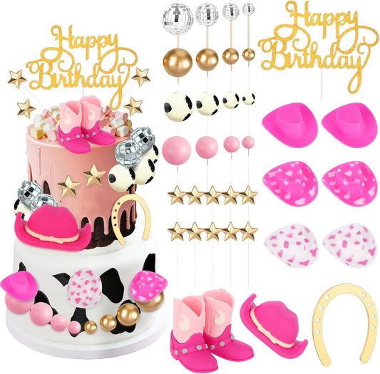 36 Pcs Cowgirl Cake Decorations Cowboy Western Cake Decorations Cowgirl Hat and Boot Cake Topper Cow Balls Topper Western Cowgirl Birthday Baby Shower Party Favors