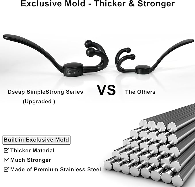 Dseap Over Door Hook 2.0 - Upgraded Version - Simple-Assembly, Strong, Heavy-Duty Stainless Steel 5-Tri-Hook Over The Door Hanger Rack, SimpleStrong Series, White & Black, Pack of 2