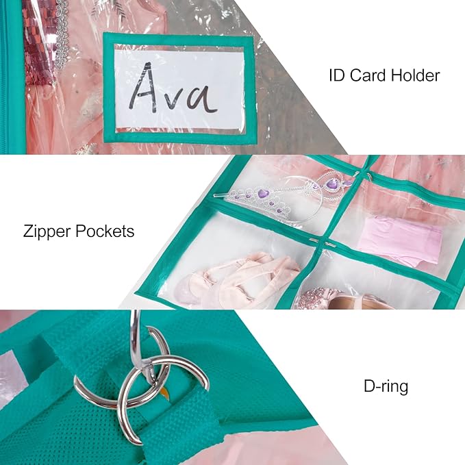 Univivi PVC Dance Costume Bags (3 Pack) Garment Bag 40 Inch for Dance Competitions, with 4 Medium Clear Zipper Pockets and 1 Large Back Zippered Pocket - Clear Blue Green