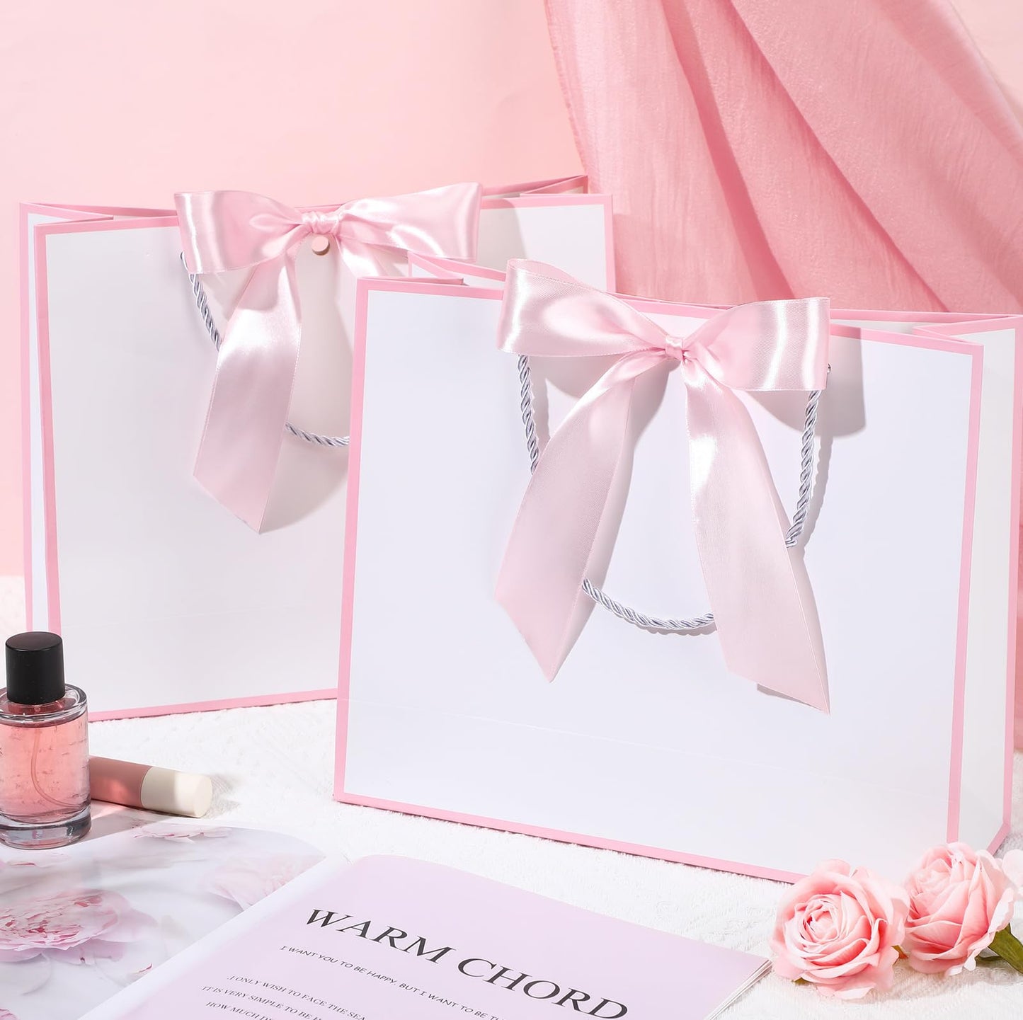 Silkfly 12 Pcs Thank You Gift Bags with Handle 12x10x4'' Welcome Bags Return Gifts with Bow Ribbon for Wedding Bridesmaid Baby Shower Housewarming Birthday Thanksgiving Christmas(White, Pink)
