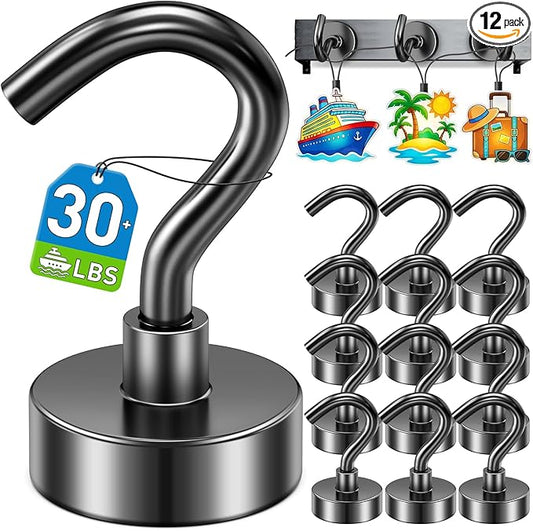 12 Pack Magnetic Hooks for 2026 Cruise Cabins Beach Vacation 30lbs+ Heavy Duty Magnet with Hook Metal Magnetic Hooks for Kitchen Fridge Grills Hanging Magnet Hooks for Classroom Locker Whiteboard