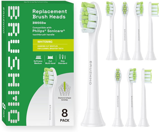 Brushmo Diamond-Shape Whitening Replacement Toothbrush Heads, Compatible with Philips Sonicare Click-on Electric Toothbrush Handles, 8 Standard Heads, Medium Firm Dupont Bristles, BM668, White