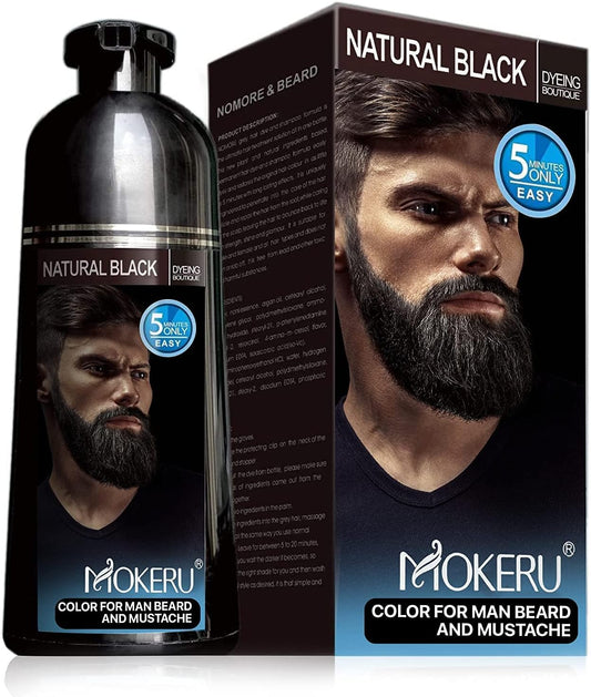 MOKERU Professional Men's Mustache & Beard Black Hair Color Dye Shampoo: Plant Extract All Natural Instant Fast Acting 5 Minutes Color Dye Black