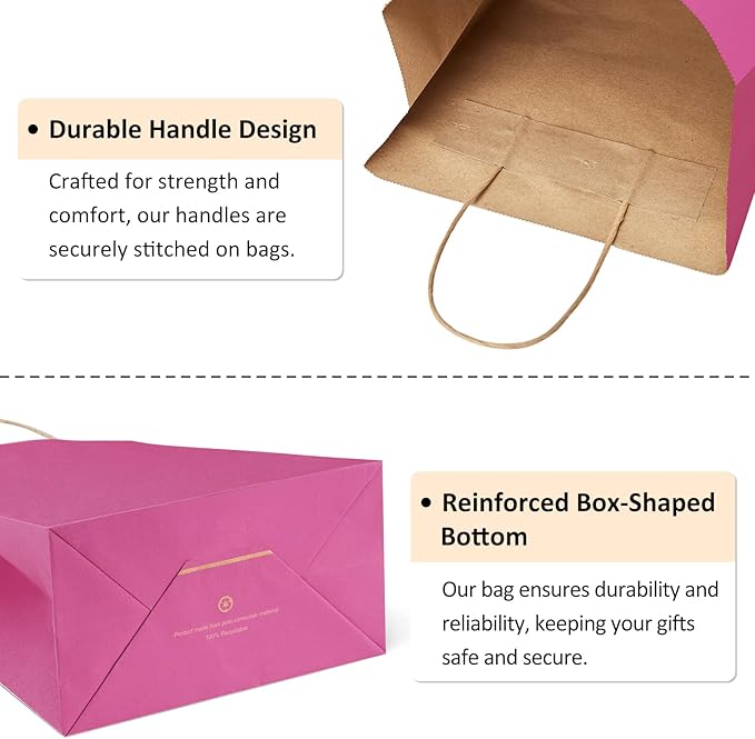 BagDream Hot Pink Gift Bags 8x4.25x10.5 100Pcs Kraft Paper Gift Bags with Handles Medium Bulk, for Shopping Party Favor, Retail Merchandise Grocery Paper Sacks