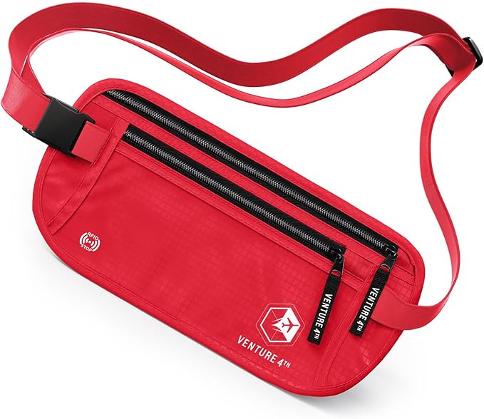 VENTURE 4TH Money Belt for Travel â Hidden Under-Clothes RFID Blocking Passport Holder & Slim Travel Wallet Pouch for Men & Women to Protect Cash, Cards & Documents (Red)
