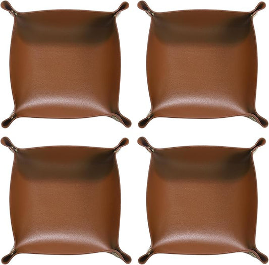 HARFINGTON 4pcs PU Leather Valet Tray Unisex Folding Small Catchall Tray Portable Entryway Table Tray Nightstand Bedside Desk Tray for Key Wallet Watch Coin Jewelry Dice, Brown