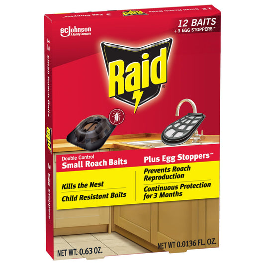 Raid Double Control Small Roach Baits, Plus Egg Stoppers, Child Resistant, For Indoor Use, Kills Roaches for 3 Months, 12 Count