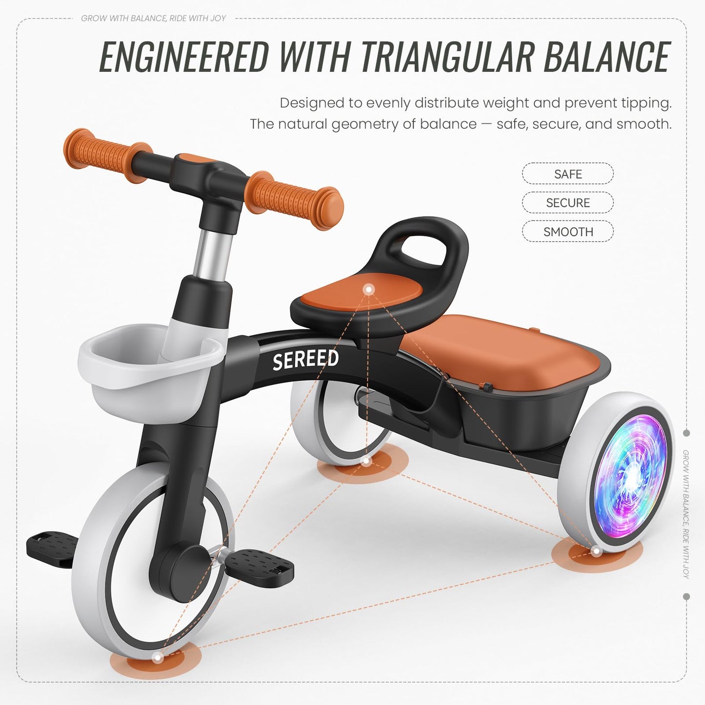 SEREED Colorful Lighting Toddler Tricycle for 2-5 Years Old Boys, Adjustable Seat&Handlebar Trike, Removable Basket, Birthday Gift Idea for Kids Ages 2+ (Black)