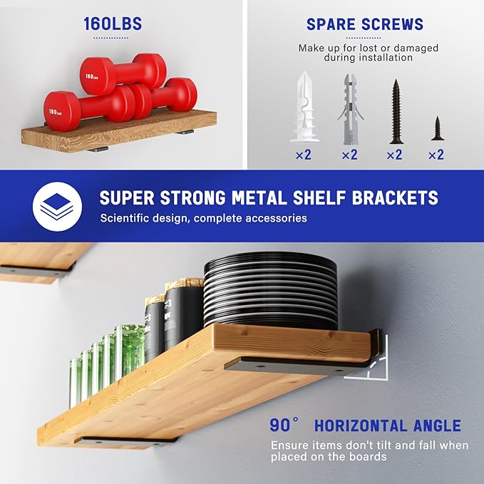 Goovilla Shelf Bracket, Heavy Duty Floating Shelf Brackets 6 inch Long, 6 Pack Brackets for Shelves, Black Coated Metal Wall Shelf Support Brackets with 1/5 Inch Thick and 160 lb. Load Capacity