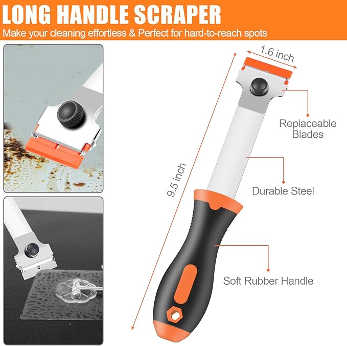 NECAMOCU 4 Pack Razor Blade Scraper, Premium Cleaning Scraper Tool with 50 PCS Metal & Plastic Razor Blades, Multi-Purpose Glass Scraper for Windows, Sticker, Decals, Cooktop, Paint Removal (Orange)