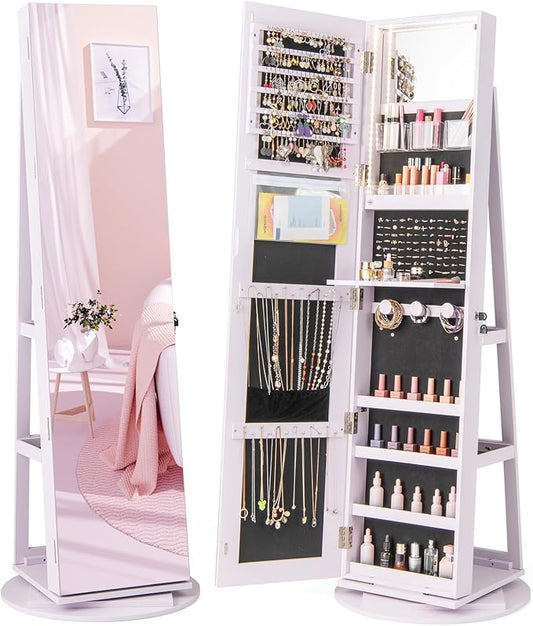 GOFLAME 360Â° Rotating Jewelry Cabinet with Full-Length Mirror, Freestanding Jewelry Armoire with 3-Color LED Light and Back Storage Shelf, Lockable Jewelry Organizer for Bedroom Cloakroom, Lavender