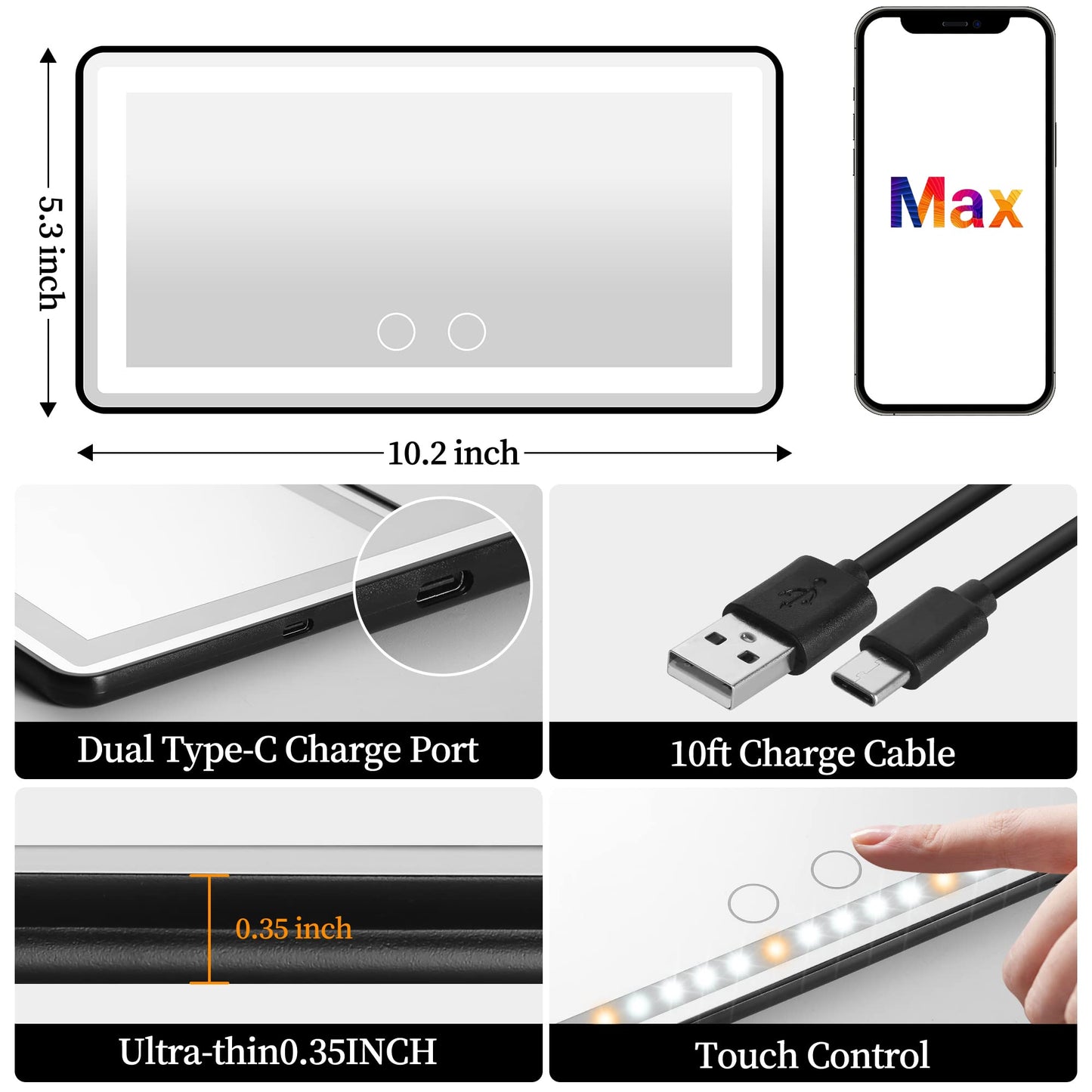 Car Sun Visor Vanity Mirror with Lights, Rechargeable Car Makeup Mirror Accessories, Birthday Gifts for Women Girl, 3 Light Modes, Dimmable Touch Led Screen, Universal for Car Truck