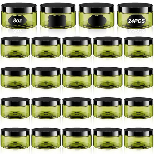 Dandat 24 Pcs 8 oz Plastic Jar Container with Lid and Label Refillable Empty Round Green Pet Cosmetic Sample Slime Containers for Lotion, Cream, Ointments, Body Butter, Makeup, Travel Storage