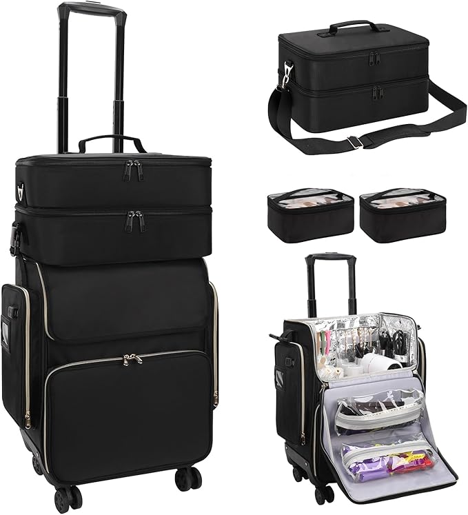 OCHEAL Hairstylist Traveling Case with a Large Makeup Travel Case for Hairstylist, Hairdresser Bag with Detachable Pouch,360Â° Rotatable Wheelsfor Hairdressing Tool Organizer