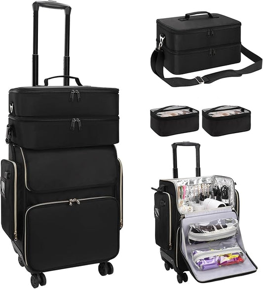 OCHEAL Hairstylist Traveling Case with a Large Makeup Travel Case for Hairstylist, Hairdresser Bag with Detachable Pouch,360Â° Rotatable Wheelsfor Hairdressing Tool Organizer