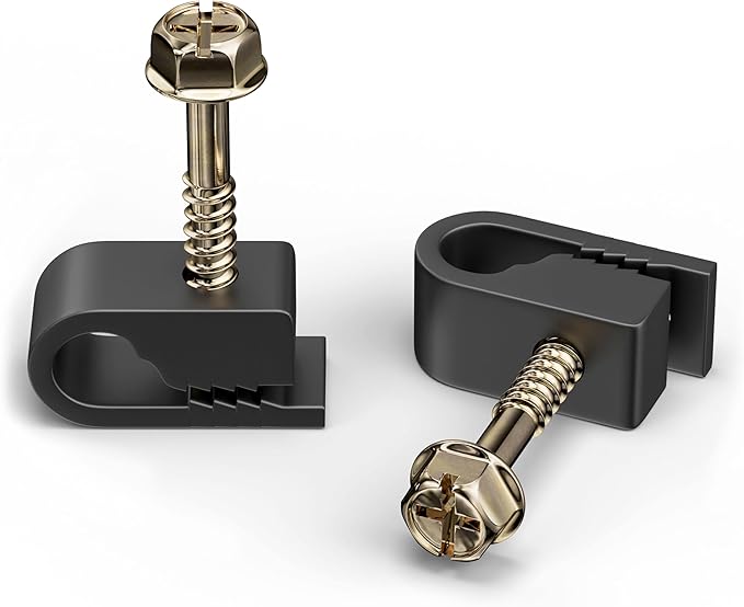 THE CIMPLE CO Single Cable Clips with Screws - 1/4 Inch Coaxial Cable Clamps Outdoor - Exterior Cord Management for Coax, CAT Ethernet, Electrical Wire - Screw Clamps for Wires - 100 PCS, Black