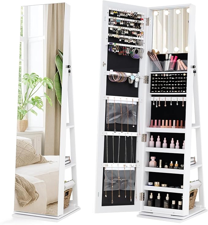 CHARMAID Swivel Jewelry Armoire with Full-Length Mirror & Lighted Makeup Mirror, 360Â° Rotating Jewelry Cabinet Organizer for Earrings, Rings, Necklaces, Bracelets, Back Storage Shelves (White)