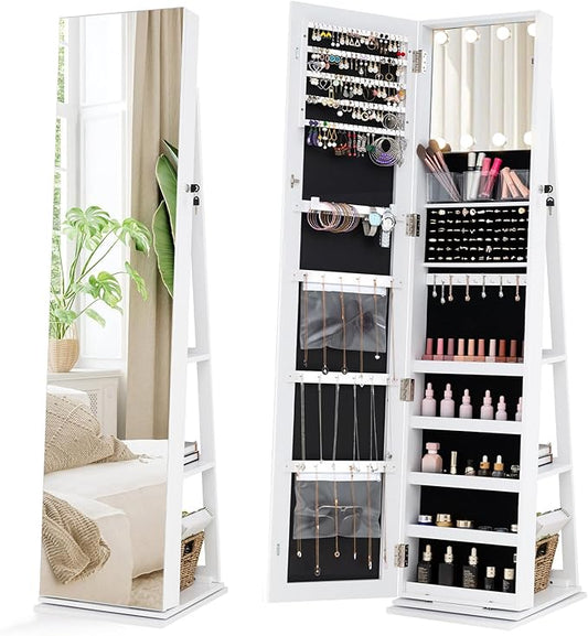 CHARMAID Swivel Jewelry Armoire with Full-Length Mirror & Lighted Makeup Mirror, 360Â° Rotating Jewelry Cabinet Organizer for Earrings, Rings, Necklaces, Bracelets, Back Storage Shelves (White)