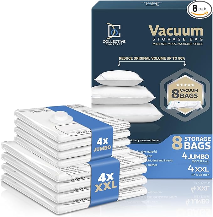 8 Pack Vacuum Storage Bags â 4 XXL & 4 Jumbo Vacuum Seal Bags for Blankets, Comforters, Clothing & Bedding - Space Saver Compression Bags