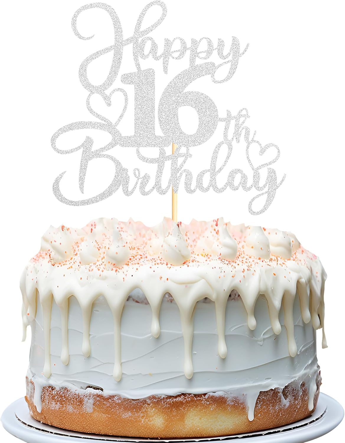 Sotpot 1PC Happy 16th Birthday Cake Topper Double-sided Silver Glitter Cake Pick Cake Decoration for 16th Birthday Anniversary Party Cake Decorations