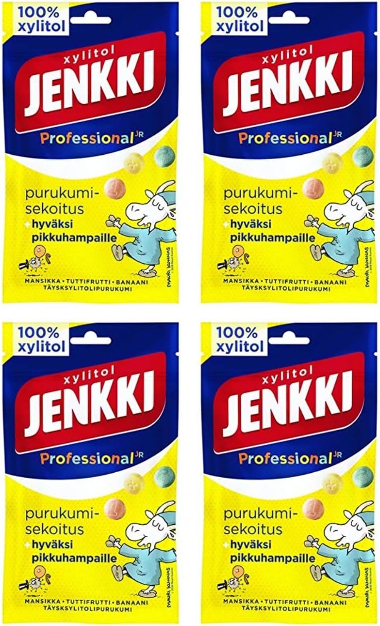 Cloetta Jenkki Xylitol Strawberry Tutti frutti Banana Chewing gum 4 Pack of 75g