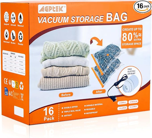 AGPTEK 16 Pack Vacuum Storage Bags(4 Jumbo/Large/Medium/Small) Compression Storage Bags for Blankets Clothes, Space Saver Vacuum Seal Bags for Clothing Bedding Travelling Luggage(Electric Pump)
