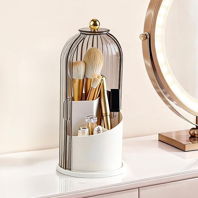 360Â° Rotating Makeup Brush Holder with Lid, Waterproof Three-Compartment Makeup Organizer, 180Â° Side-Pull Door Desk Organizer, Dustproof Brush Holder for Vanity and Bathroom (Grey)