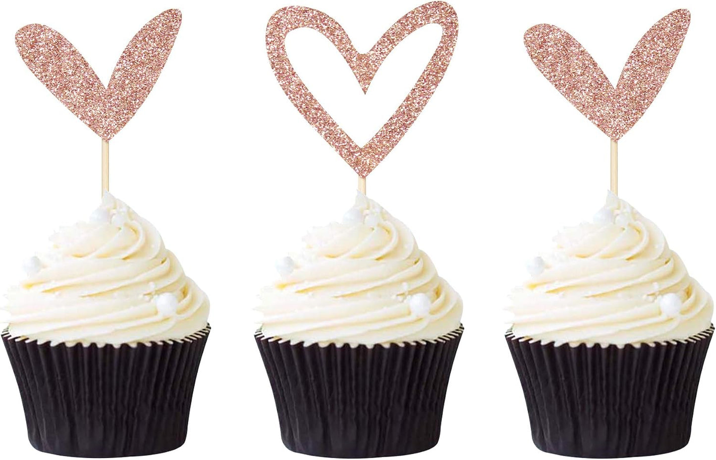 24 PCS Rose Gold Glitter Heart Cupcake Toppers Cute Design Love Cupcake Toppers for Wedding Bridal Anniversary Baby Shower Party Decorations Supplies
