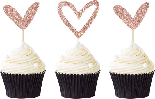24 PCS Rose Gold Glitter Heart Cupcake Toppers Cute Design Love Cupcake Toppers for Wedding Bridal Anniversary Baby Shower Party Decorations Supplies