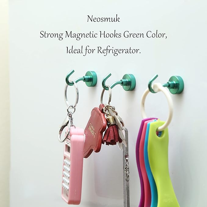 Neosmuk Magnetic Hooks, Heavy Duty 30lb+ Strong Magnet Hook for Cruise Cabins, Cruise Ship Essentials for Hanging, Metal Wall Refrigerator Hangers (Green, 12 Pack)