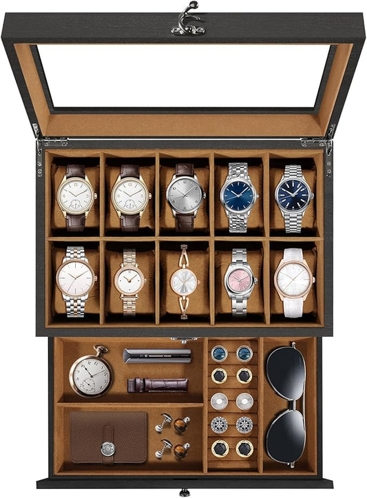 Uten 10-Slot Watch Box, 2-Layers Solid Wood Watch Display Case with Glass Lid, Watch Holder Organizer with Soft Pillow and Velvet Lining, Watch and Jewelry Storage Box, Brown