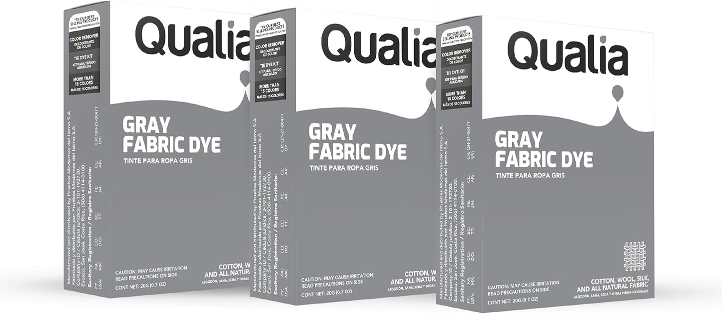 Qualia All Purpose Powder Fabric Dye, Easy to Use Dye for Natural Fabrics: Cotton, Wool, Silk, Wood, & Linen, Ultra Concentrated Colors, Gray, 3 Pack