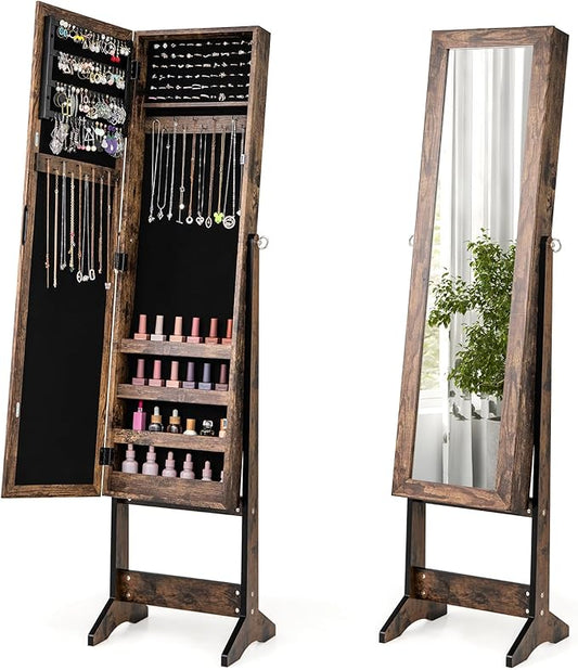 GOFLAME Jewelry Cabinet, Jewelry Organizer with Full Length Mirror Door, Standing Makeup Mirror Cabinet, Freestanding Jewelry Organizer with Large Storage Capacity (Rustic Brown)