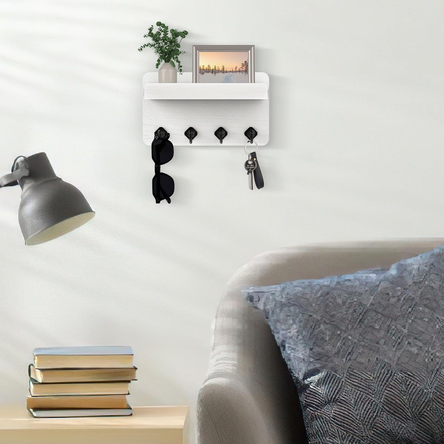 Nekon Key Holder Wall Mount, 8.5 Inch Small Home Decor Wooden Wall Organizer with 4 Hooks and Shelf, Key and Mail Holder for Living Room Entryway Kitchen(White)